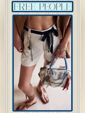 NWT Free People Perfect Prep Pleated Shorts Ivory/Black pinstripes Navy ribbon